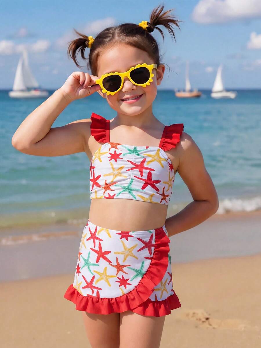 Bộ đồ bơi in họa tiết cho bé gái (cỡ nhỏ), viền bèo nhún, 3 món. - Đỏ - Xem 1