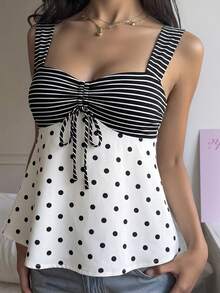 Attitoon 休闲简约复古优雅通勤百搭保暖条纹波点印花图案，沙滩/度假装，女士夏季装，女士抽绳吊带背心，可爱夏日上衣 - 彩色 - 查看 6