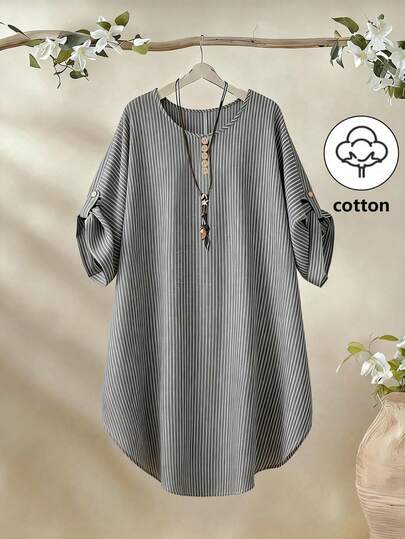 Franclia Women's Round Neck Casual Cotton Striped Short Sleeve Comfortable Blouse, Suitable For Daily Commute, Spring/Summer