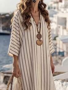 Wandoria Vestido casual y elegante para vacaciones con cuello en V, línea H y estampado de rayas para mujeres - Multicolor - Ver 4