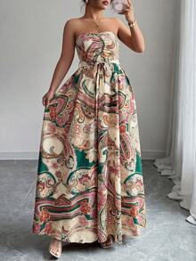 SHEIN Elenzya Đầm maxi dáng chữ A cổ yếm, thướt tha, thanh lịch, lãng mạn dành cho nữ cỡ lớn, thích hợp cho kỳ nghỉ, với họa tiết hoa điều và hoa lá cổ điển. - Nhiều màu - Xem 3