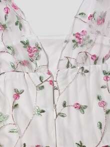 SHEIN 少女优雅花卉刺绣网纱吊带裙，夏季 - 白色 - 查看 6