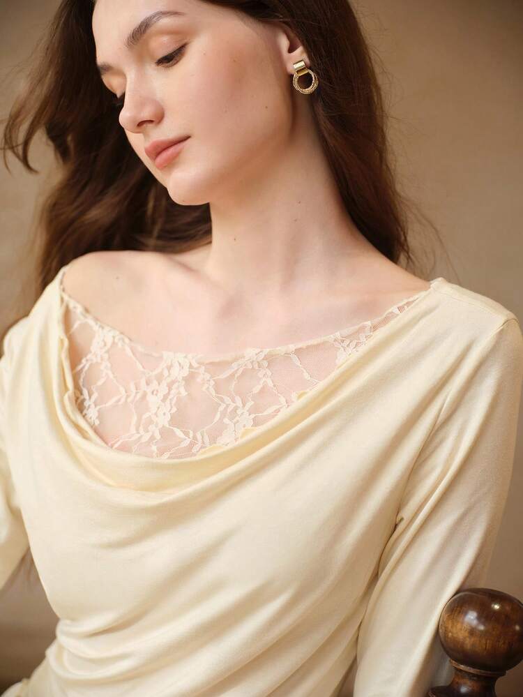 SPRING/SUMMER NEW KNITTED MODAL & LACE PANEL COWL NECK ASYMMETRIC DESIGN ELEGANT SEXY COMFORTABLE LONG SLEEVE TOP & PANTS WOMEN LOUNGE SET
