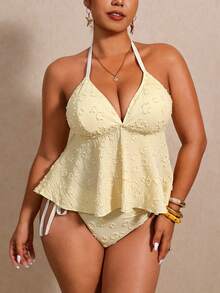 Elaquor Plus Size Contrast Trim Halter Backless Tankini Set Yellow Swimwear For Women Two Pieces Bathing Suit Tops Woman Summer Beach Vacation - Light Yellow - View 5
