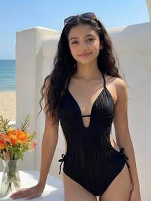 SHEIN Bộ jumpsuit dệt kim jacquard màu đen dành cho nữ tuổi teen, cổ chữ V, hở lưng, kiểu yếm, thích hợp cho kỳ nghỉ. - màu đen - Xem 5