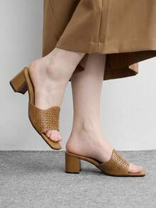 CUCCOO BIZCHIC Ladies Brown Hollow Upper High Heel Sandals, Square Toe Comfort High Heel Sandals Commuter Style Sandals Summer Shoes - Brown - View 3