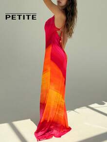 SHEIN Aloruh Petite PETITE Women's Summer New Vacation Style Rainbow Ombre Mesh Floral Print Romantic Tropical Multi-Color Backless Maxi Boho Dress Pink And Orange - Multicolor - View 5