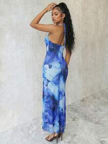 Eryvara Women's White And Blue Floral Deep V-Neck Backless Fitted Mermaid Hem Printed Bodycon Long Dress,Summer,Casual,Vacation,Holiday Resort Wear - Blue - View 2