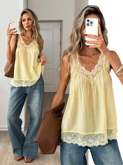 Easowa Áo hai dây nữ màu vàng kem phối ren, chất liệu vải có họa tiết, thích hợp cho những buổi hẹn hò lãng mạn, kỳ nghỉ, lễ hội âm nhạc, mặc hàng ngày. Áo tank top nữ viền ren, dây mảnh, cổ chữ V, dáng rộng, không tay, thích hợp mặc đi biển, đi nghỉ mát.