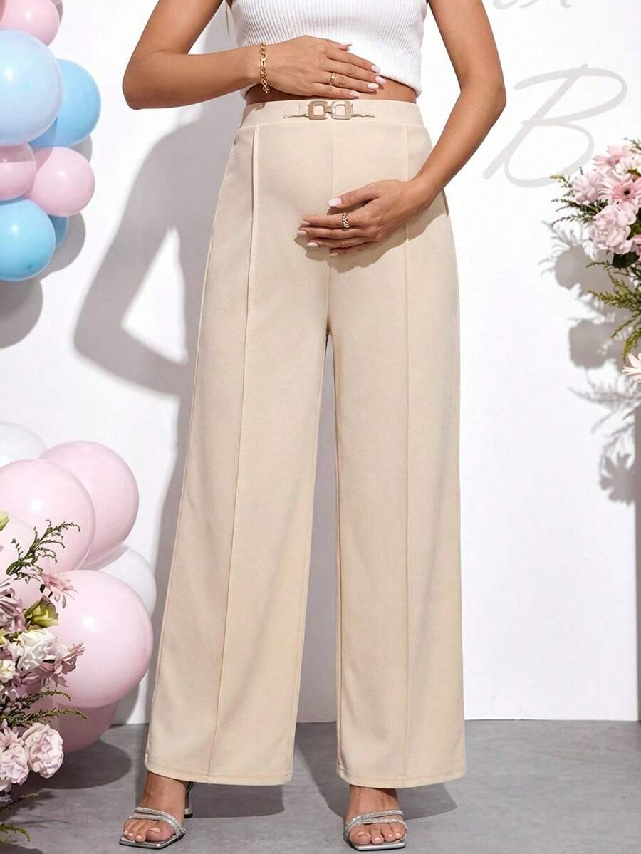 Loomaby Pregnant Women's Solid Color Metal Decor Seam Front Elegant Maternity Wide Leg Pants Photoshoot Spring - Khaki - View 1