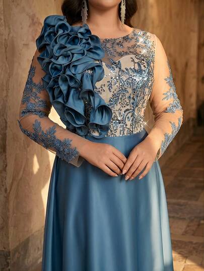 Aureia Plus Size Elegant Boat Neck Luxury Beaded Embroidery Splice Taffeta 3D Ruffle Hem Long Sleeve Sheer A-Line Dress, Suitable For Party, Celebration, Wedding, Formal Gala (Intricate Design) Wedding Guest Dress Special Occasion Evening Wear Beautiful Dresses For Special Occasions Evening Gown For Women Elegant Occasion Dresses For Ladies