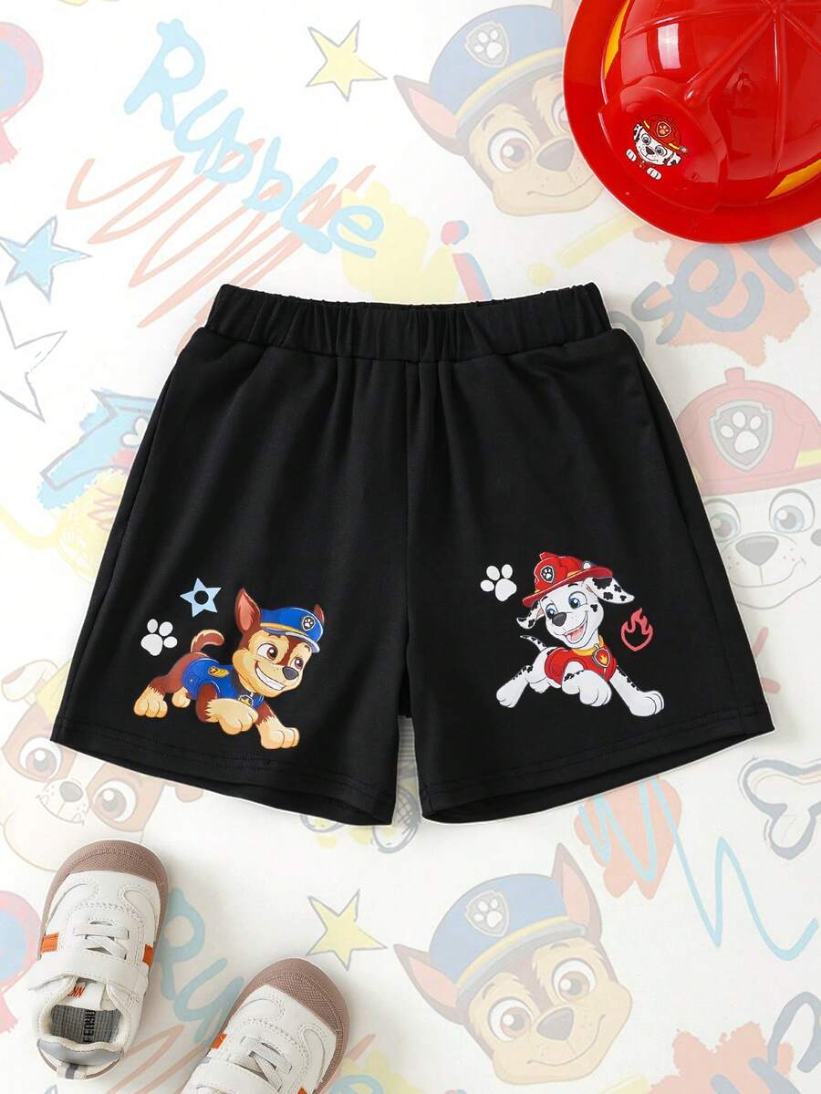 SHEIN | PAW Patrol 男童休闲卡通印花短裤,夏季 - 黑色 - 查看 1