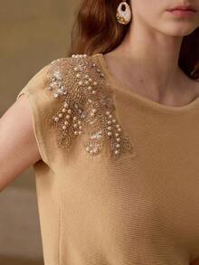 MOTF PREMIUM FAUX PEARL DETAIL ROUND NECK KNIT TOP - Camel - View 2