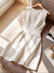 GlowEve CURVE Plus Size Women's Elegant White Summer Party Mini Dress, Rhinestone Floral Round Neck Sleeveless Pocketed A-Line Luxury High Quality Outfits - Apricot - View 2