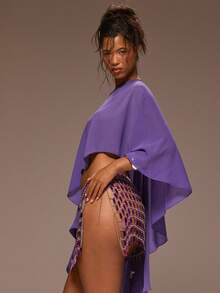 MUSERA Áo kiểu cape ngắn cổ thuyền bằng chiffon dệt họa tiết, thích hợp cho mùa xuân hè, kỳ nghỉ, buổi tối hoặc những dịp đặc biệt, phong cách Golden Sands. - Màu tím  Violet - Xem 3