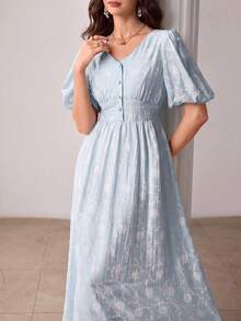 Modelyn V-Neck Puff Sleeve Jacquard Front Button Closure Pink Dress - Blue - View 2