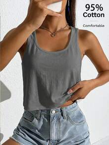 SHEIN EZwear 女士休闲宽松U领露脐背心，深灰色 - 深灰色 - 查看 1