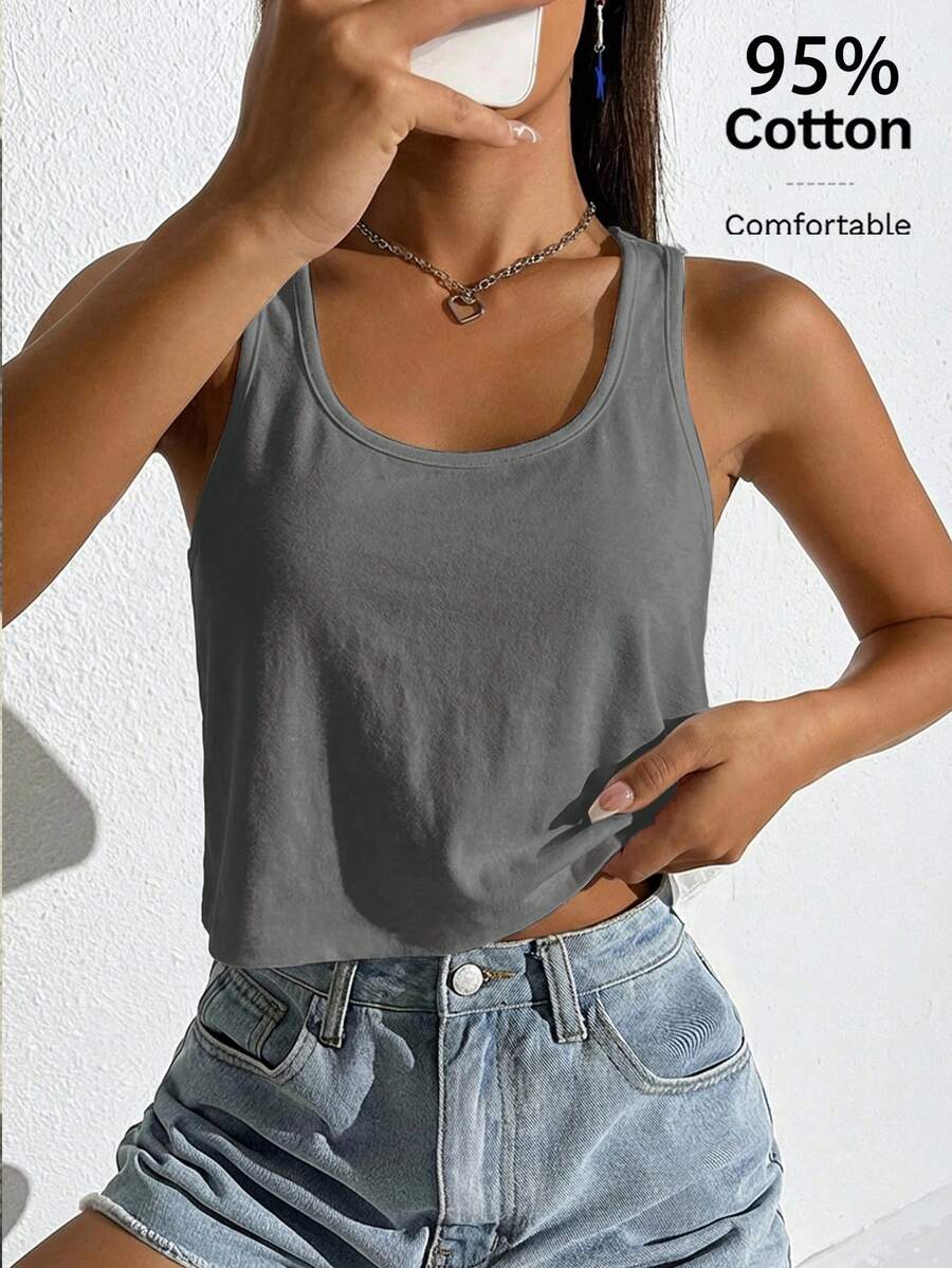 SHEIN EZwear 女士休闲宽松U领露脐背心，深灰色 - 深灰色 - 查看 1