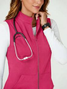 TaskEZ Women's Minimalist Solid Color Zip-Up Stand Collar Sleeveless Scrub Uniform Jacket - Hot Pink - View 6