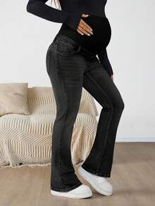SHEIN Maternity Casual/Commute Color Block High Waist Flare Jeans Winter Christmas New Year Thanksgiving Commuting Vacation Graduation Chic Y2k Cute Streetwear Party Wedding Elegant Business Casual Woman Light Wash Flare Maternity Jeans For Women With Ribbed Over Belly Panel Everyday Pregnancy Panel Flexible And Fashionable For Expectant Mothers Christmas Maternity Fashion Mom Picks - Light Wash - View 4