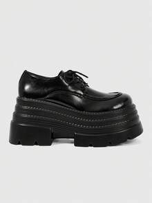 ROMWE Goth 2026新款春秋朋克风女士高跟凉鞋，深色PU圆头厚底系带鞋，女士穿着不累脚，适合身材娇小的女生增高，英伦风小皮鞋 - 黑色 - 查看 1