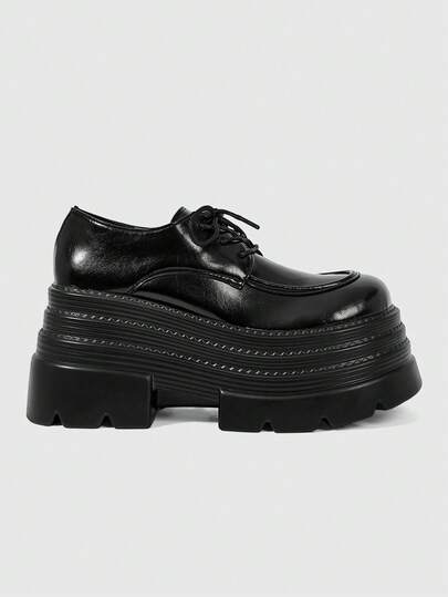 ROMWE Goth 2026新款春秋朋克风女士高跟凉鞋，深色PU圆头厚底系带鞋，女士穿着不累脚，适合身材娇小的女生增高，英伦风小皮鞋