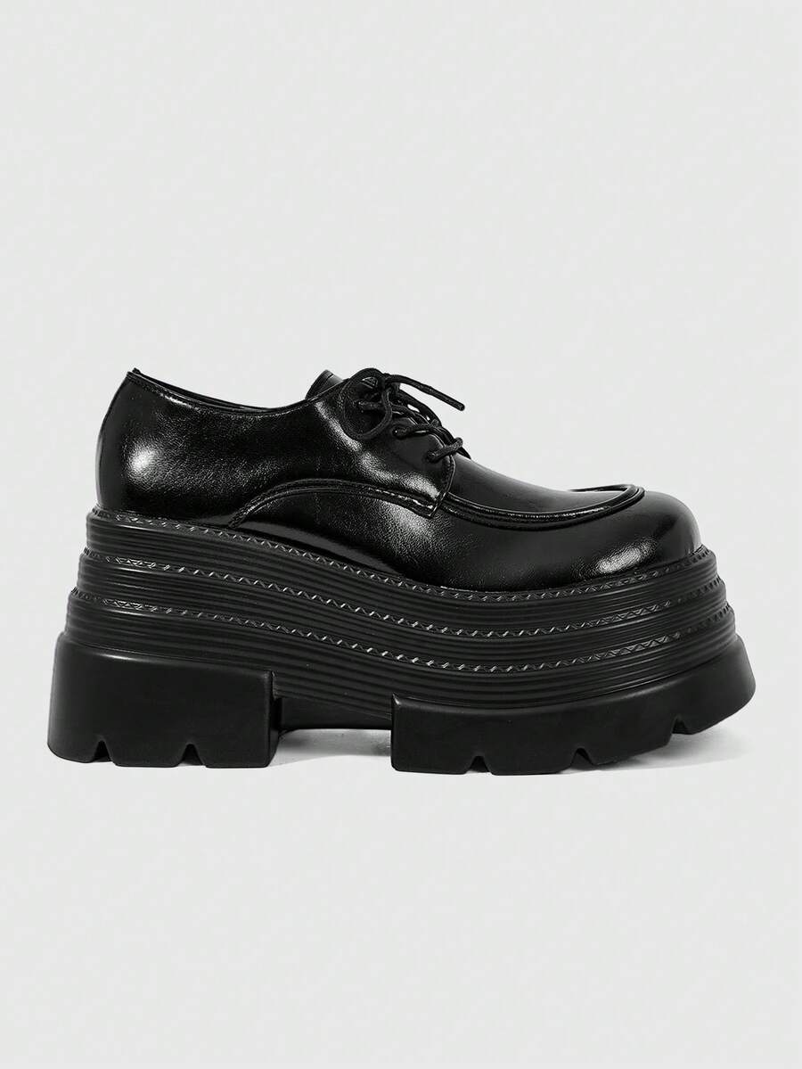 ROMWE Goth 2026新款春秋朋克风女士高跟凉鞋，深色PU圆头厚底系带鞋，女士穿着不累脚，适合身材娇小的女生增高，英伦风小皮鞋 - 黑色 - 查看 1