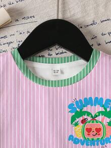 CoComelon X SHEIN 女童字母条纹印花圆领短袖休闲T恤 - 白色 - 查看 3