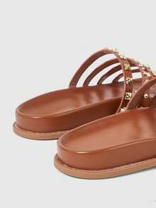 HighSole 女士时尚休闲家居户外步行亮金色铆钉平底凉鞋 - 棕色 - 查看 3