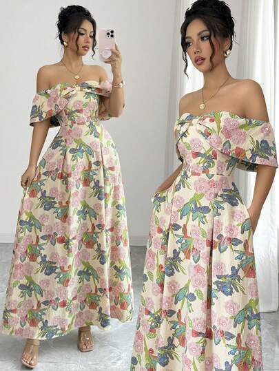 Elenzga Đầm trễ vai họa tiết hoa thanh lịch dành cho nữ