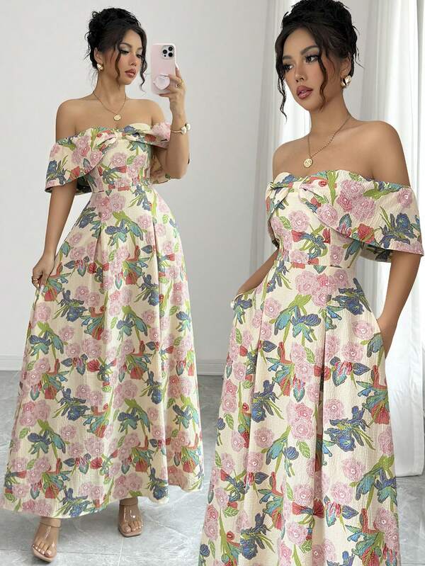 Elenzga Đầm trễ vai họa tiết hoa thanh lịch dành cho nữ