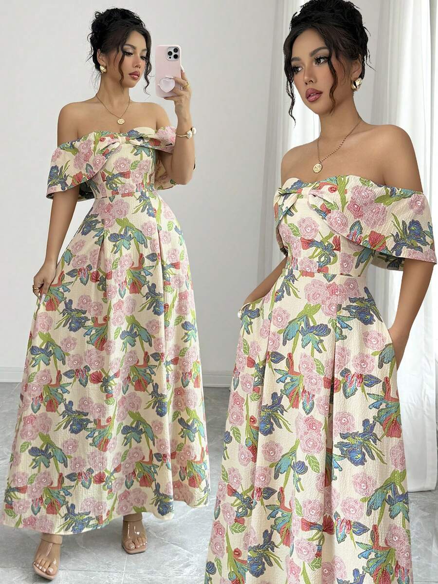 Elenzga Đầm trễ vai họa tiết hoa thanh lịch dành cho nữ - Hồng - Xem 1