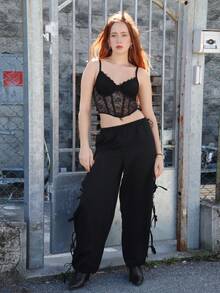 SILVIA DI SANTO Quần Jogger xẻ tà tiện ích màu đen có dây rút có thể điều chỉnh, quần mùa hè thông thường và đa năng cho phụ nữ mặc hàng ngày và đi chơi - màu đen - Xem 6