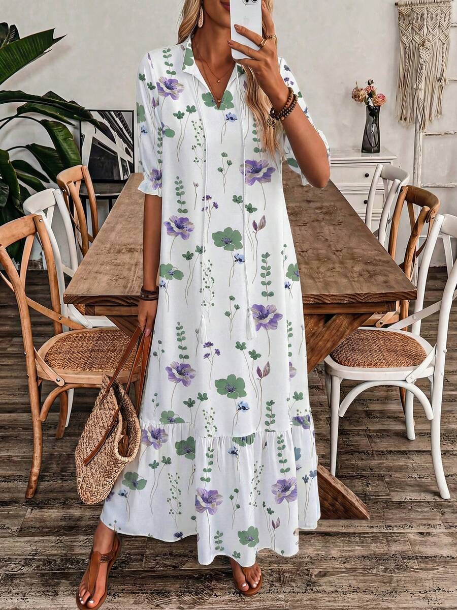 EMERY ROSE V-Neck Printed Ruffle Hem Elegant Sexy Casual Vacation Dress With Drawstring Golf White Summer - Multicolor - View 1