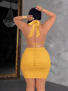 Maweii Plus Size Women's Halter Neck Mini Dress,Mustard Yellow,Summer,70's,Night Out Club,Party,Draped Collar,Bodycon Ruched Design,Vacation Outfits - Yellow - View 2