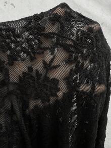 SHEIN CURVE+ 大码女式休闲宽松基础款短袖T恤，针织提花蕾丝沙滩度假装 - 黑色 - 查看 9