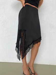 Firerie Chân váy ren xẻ tà bất đối xứng thanh lịch, lãng mạn dành cho nữ, đa năng cho đi làm, hẹn hò, dự tiệc, lễ hội âm nhạc, kỳ nghỉ biển, mùa xuân/hè. - màu đen - Xem 1