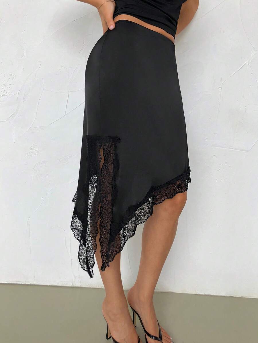Firerie Chân váy ren xẻ tà bất đối xứng thanh lịch, lãng mạn dành cho nữ, đa năng cho đi làm, hẹn hò, dự tiệc, lễ hội âm nhạc, kỳ nghỉ biển, mùa xuân/hè. - màu đen - Xem 1
