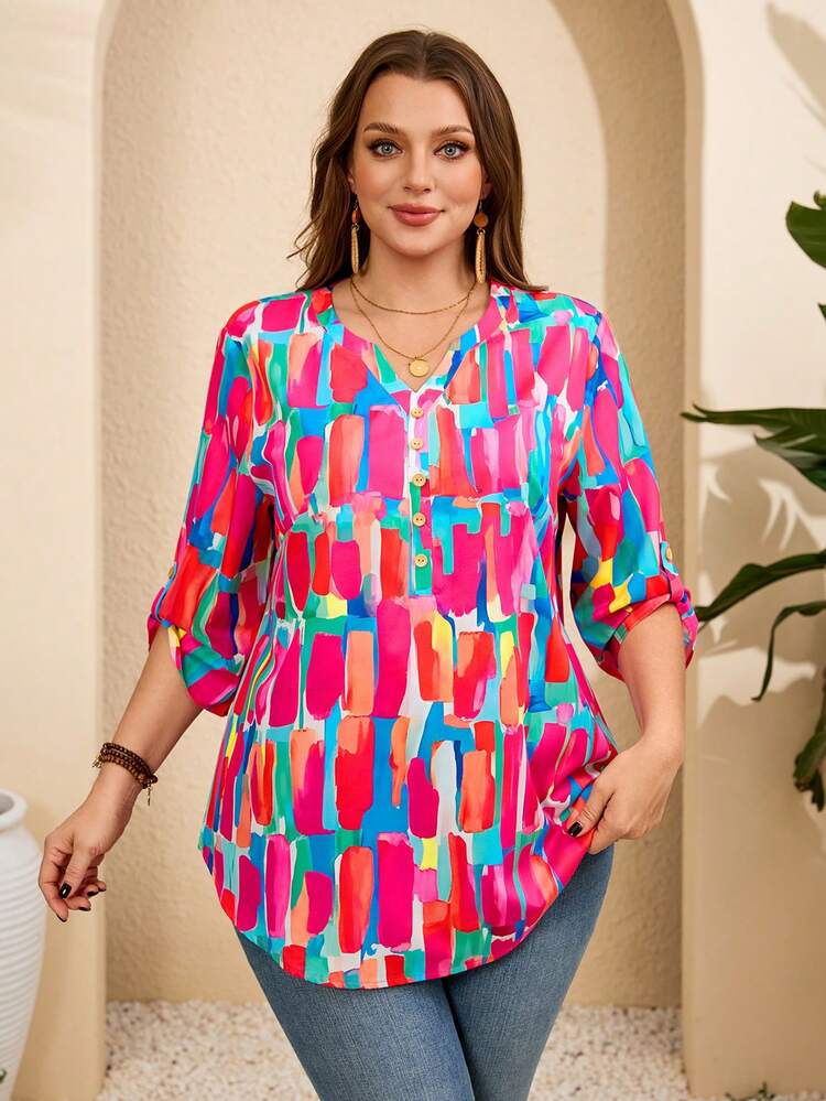Plus Size Women's Casual Notched Neck Curved Hem Allover Print Shirt, Summer