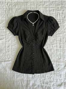 Flirla Women's V-Neck Fitted Waist Pleated Textured Fabric Blouse, Professional Wear, Summer, Button Closure Golf Pastal Sexy - Black - View 5