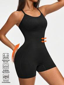 Bodysuits de mujer SHAPORA de color sólido con espalda cruzada, que levanta el trasero, sin costuras, sexy con tirantes, control de abdomen, efecto estilizante, sin mangas, de punto. - Negro - Ver 3