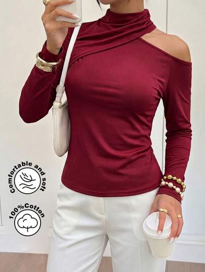 Modelyn Áo thun nữ dệt kim dài tay cổ cao màu đỏ rượu vang, kiểu dáng thanh lịch, thích hợp cho mùa xuân/hè, với thiết kế lệch vai và thắt eo.