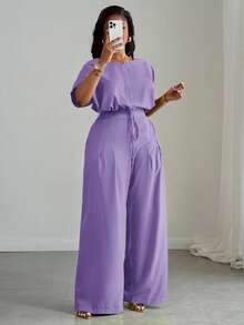 Slaydiva Setelan Wanita Ukuran Plus 2 Potong: Atasan Crop Longgar Ungu dengan Bahu Jatuh dan Tali Serut di Bagian Bawah & Celana Panjang Lebar dengan Saku, Pakaian Kasual Cerdas Musim Panas untuk Sehari-hari - Mauve Purple - View 9