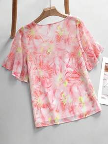 SHEIN Clasi 女士V领印花荷叶袖开衩下摆衬衫 - 粉色 - 查看 5