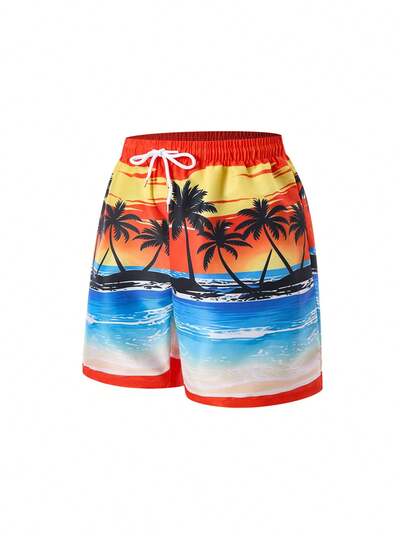 SHEIN 青少年男童休闲简约卡通游戏机图案宽松泳衣，适合夏季穿着