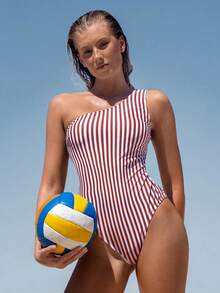 SHEIN Swim SPRTY 条纹连体泳衣，适合海滩度假，女士连体泳衣，条纹连体泳衣，单肩泳衣，女士沙滩装，全包覆泳衣 - 紅色 - 查看 5