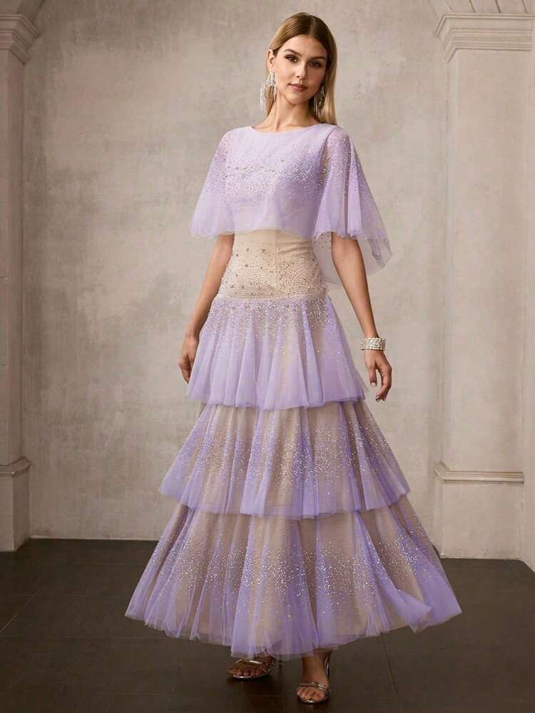 WOMEN'S NEW MESH BEADED LAYERED FORMAL DRESS, ETHEREAL SHEER RUFFLE HEM MAXI DRESS, HIGH-END GALA RUNWAY EVENING GOWN
