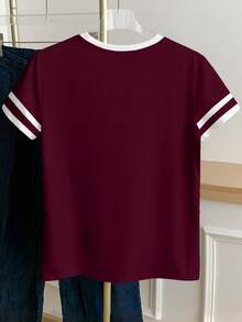 Franclia Women's Color Block Letter Print Short Sleeve Casual Round Neck T-Shirt - Burgundy - View 2