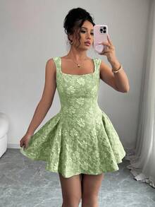 Rafferiza 春夏常规款女士宽领无袖收腰提花蓝色迷你连衣裙，优雅浪漫，适合毕业典礼、舞会、派对、音乐节、度假等场合。 - 綠色 - 查看 3