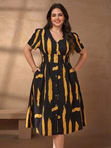 Chikora Đầm công sở cổ chữ V thanh lịch bằng vải lanh-cotton dành cho nữ cỡ lớn - Nhiều màu - Xem 2